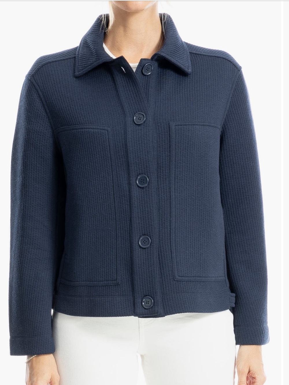 MAX STUDIO Ribbed Cropped Shirt Jacket NWT Size Large Navy Blue